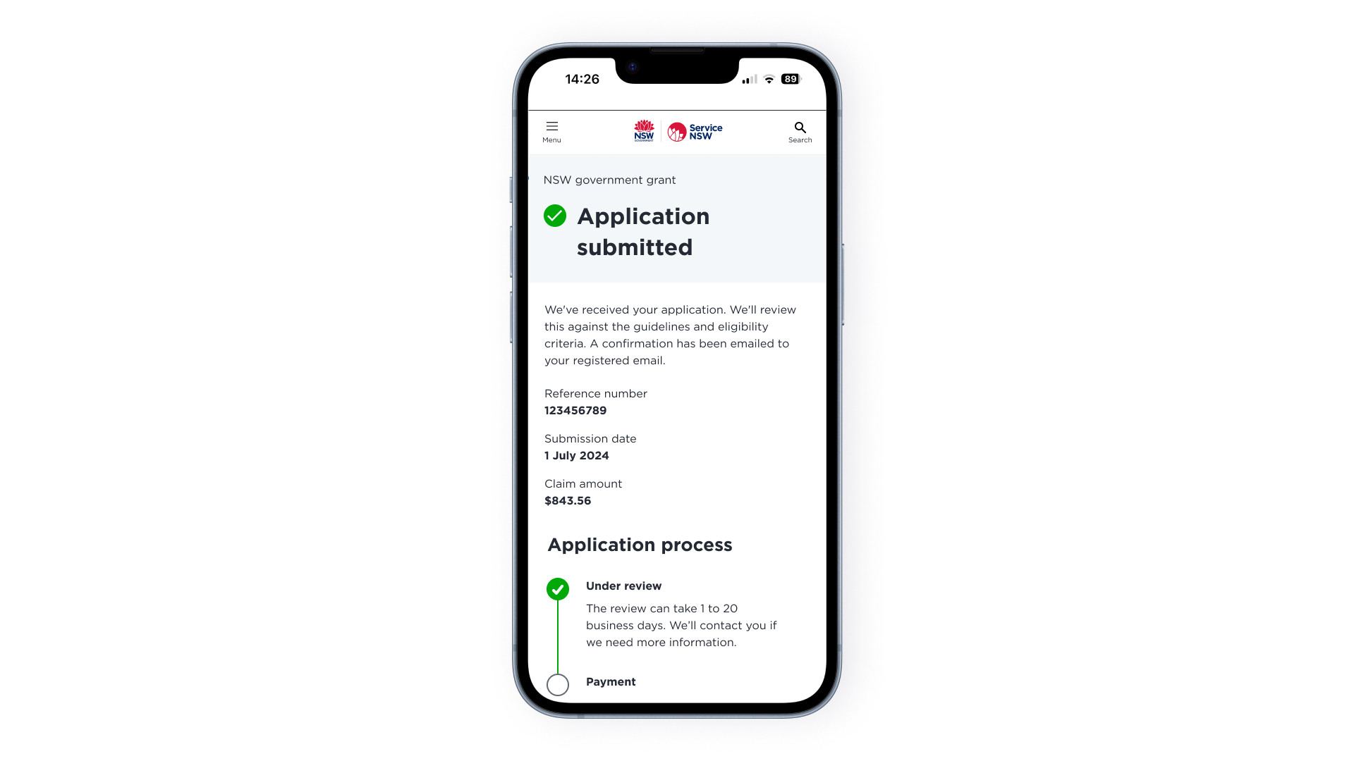 Example of Service NSW grants on mobile.