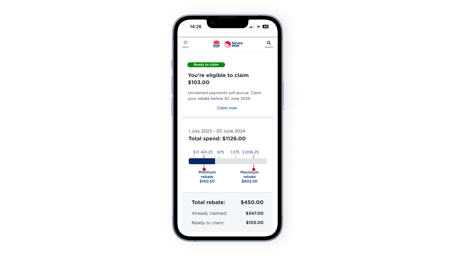 Example of Service NSW rebates on mobile.