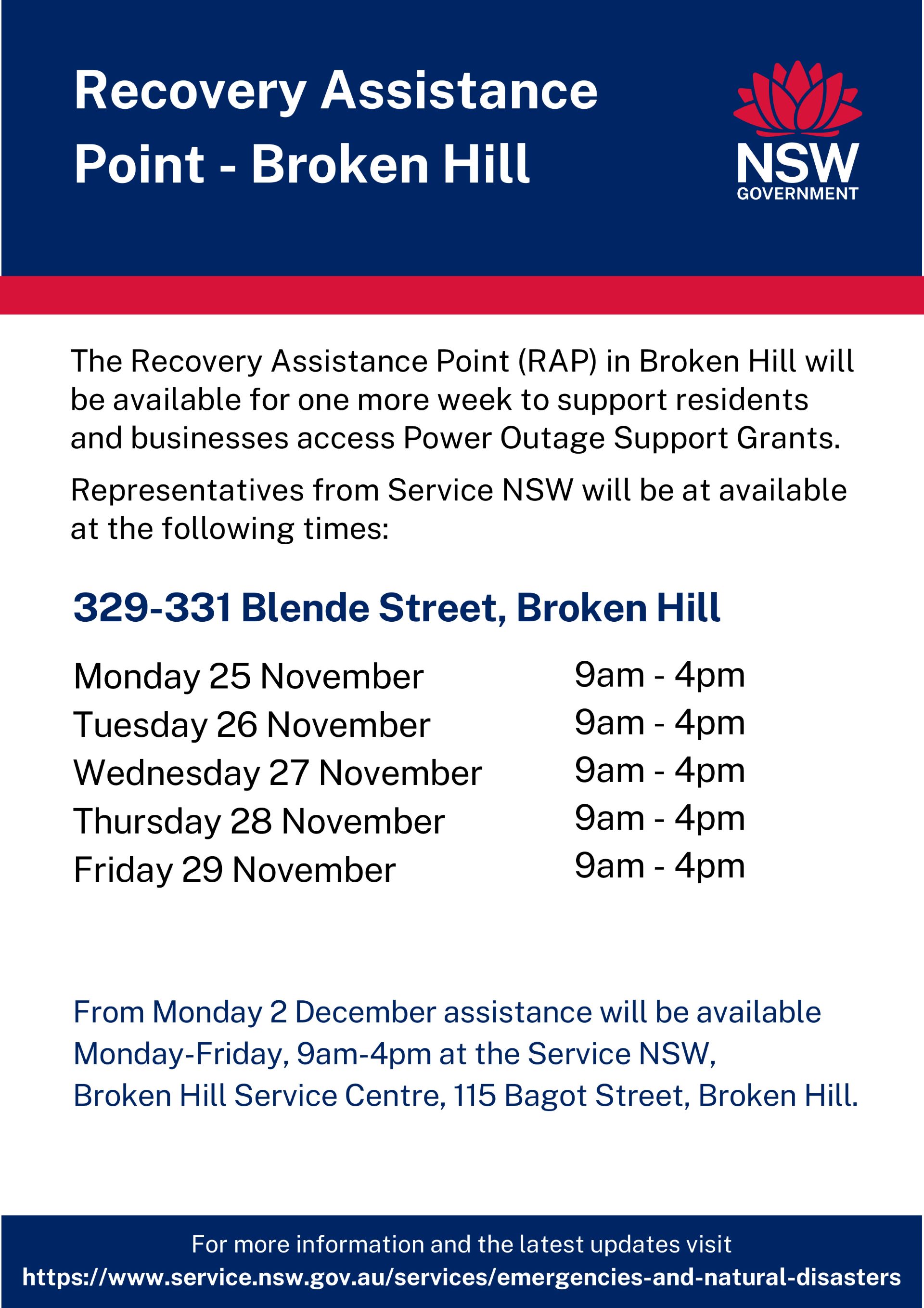 Poster for Broken Hill Recovery Assistance Point 25-29 November 2024